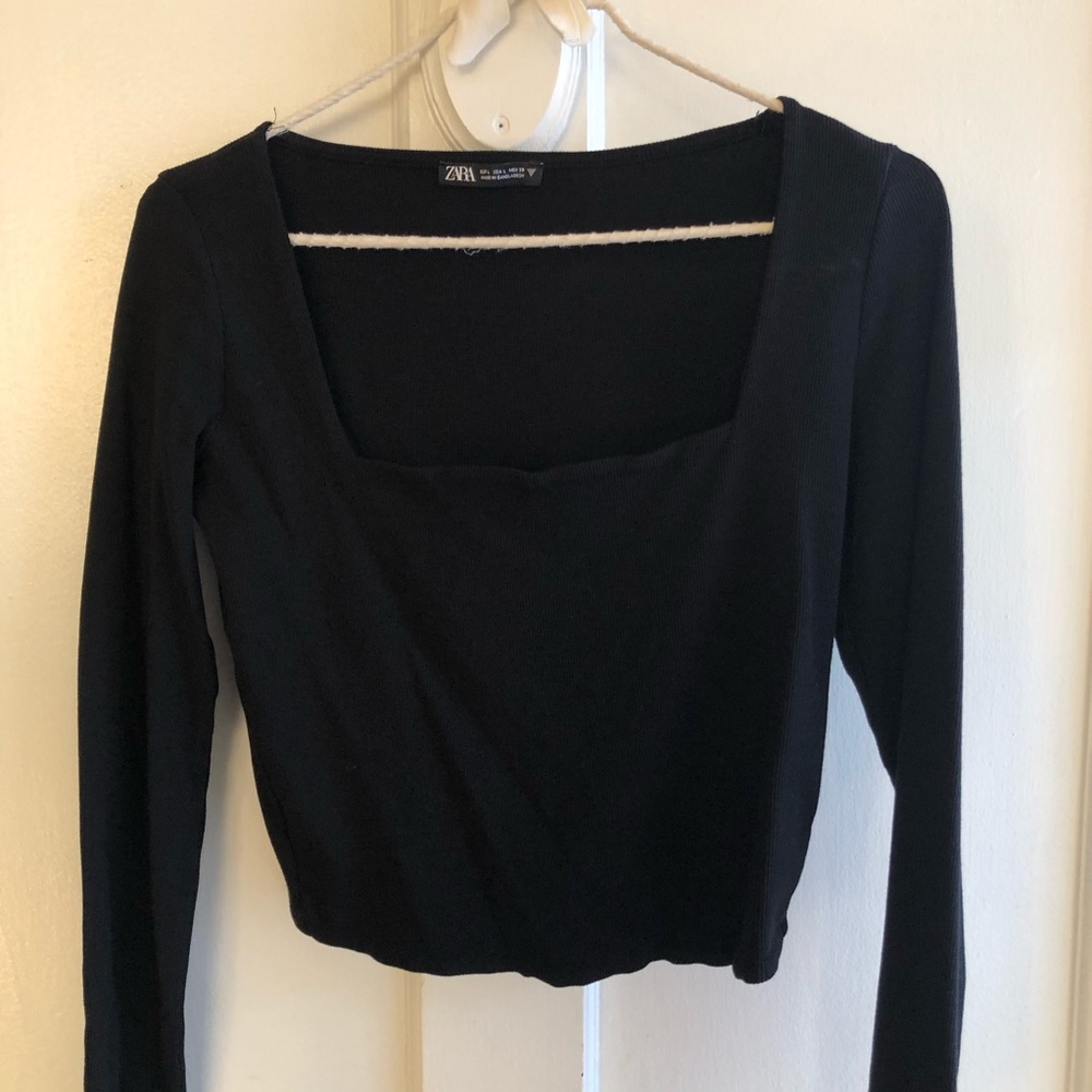 Zara Black Ribbed Square Neck Long Sleeve Crop Top